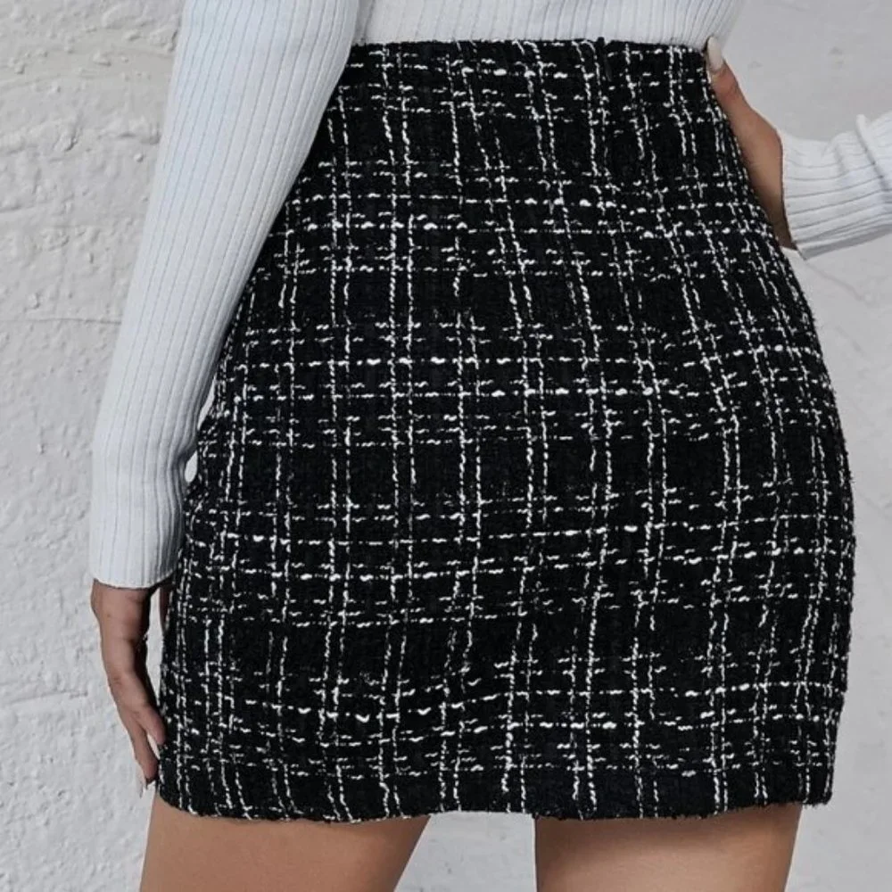 Black Tweed Button Mini Skirt